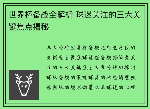 世界杯备战全解析 球迷关注的三大关键焦点揭秘 世界杯备战全解析 球迷关注的三大关键焦点揭秘