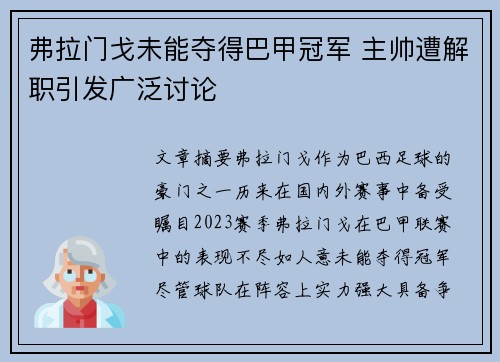 弗拉门戈未能夺得巴甲冠军 主帅遭解职引发广泛讨论 弗拉门戈未能夺得巴甲冠军 主帅遭解职引发广泛讨论